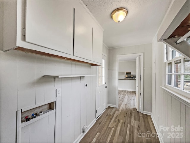 laundry area featuring crown molding and wood finished floors