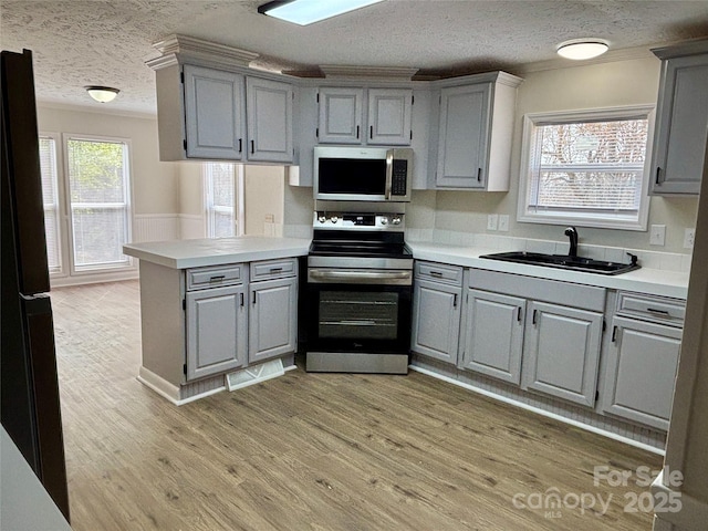 kitchen with a sink, appliances with stainless steel finishes, a peninsula, and gray cabinets