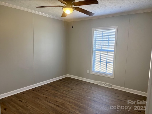 unfurnished room featuring ceiling fan, visible vents, a textured ceiling, and dark wood finished floors