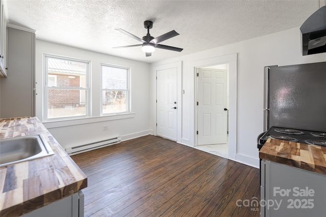 kitchen with a sink, dark wood finished floors, freestanding refrigerator, wooden counters, and baseboard heating