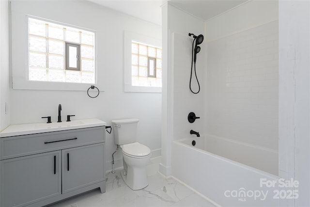 full bathroom with vanity, baseboards, shower / washtub combination, toilet, and marble finish floor