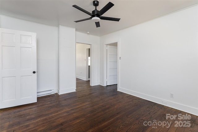 unfurnished bedroom with dark wood finished floors, a ceiling fan, baseboards, and a baseboard radiator