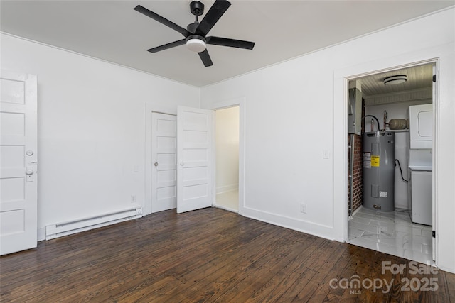 unfurnished bedroom with wood finished floors, a baseboard radiator, ceiling fan, a closet, and electric water heater