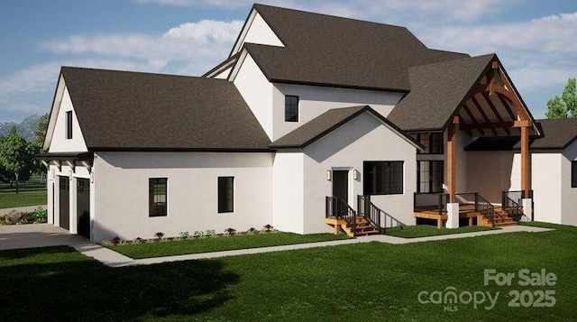 view of front facade featuring a front lawn, concrete driveway, and stucco siding