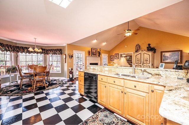 kitchen featuring light brown cabinetry, a sink, black dishwasher, dark floors, and lofted ceiling