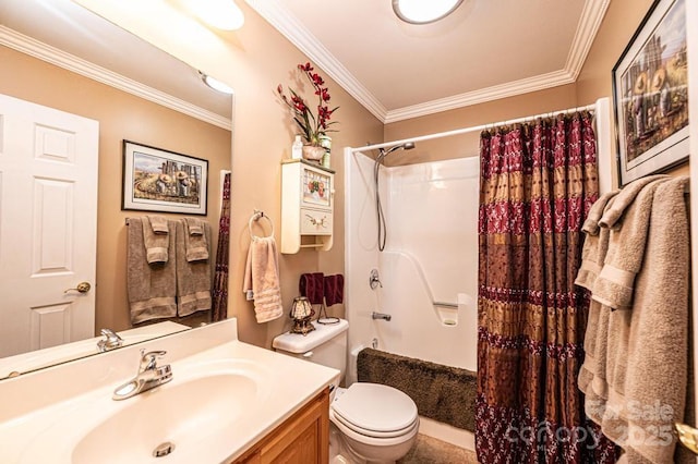 full bathroom featuring toilet, vanity, shower / tub combo with curtain, and ornamental molding