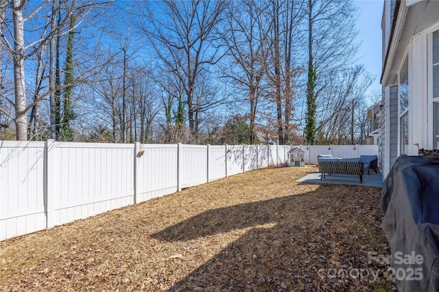 view of yard featuring a fenced backyard and a patio area