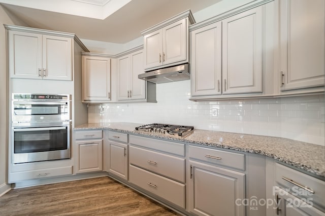 kitchen featuring under cabinet range hood, tasteful backsplash, wood finished floors, stainless steel appliances, and light stone countertops