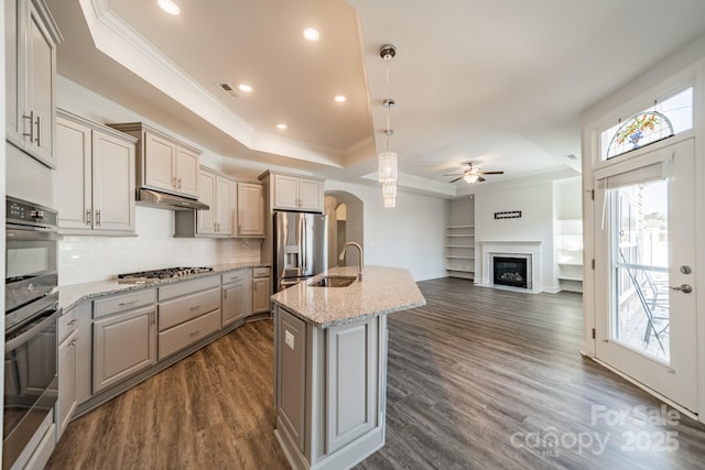 kitchen with a sink, under cabinet range hood, open floor plan, arched walkways, and a raised ceiling