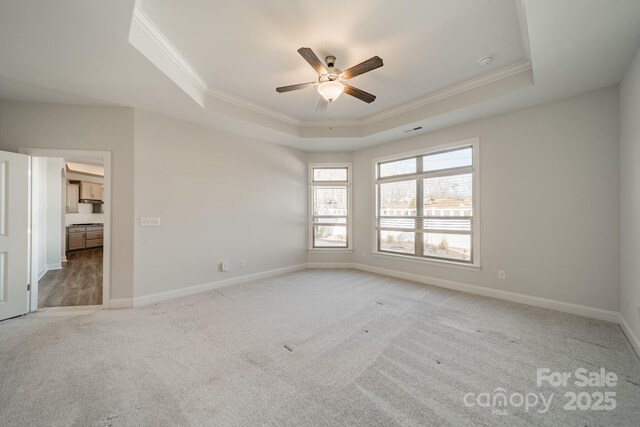 spare room featuring a raised ceiling, a ceiling fan, carpet floors, crown molding, and baseboards