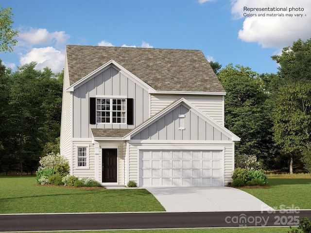 view of front of property with board and batten siding, driveway, a front yard, and roof with shingles