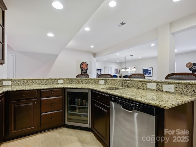 kitchen with visible vents, light stone countertops, wine cooler, stainless steel dishwasher, and a sink