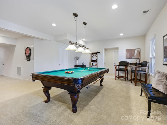 rec room with recessed lighting, visible vents, and light colored carpet