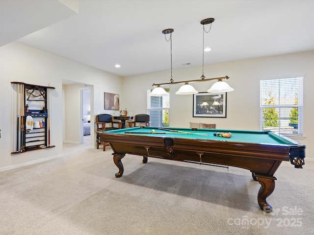 game room featuring baseboards, carpet floors, and billiards