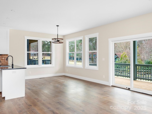 unfurnished dining area with a sink, a chandelier, baseboards, and wood finished floors