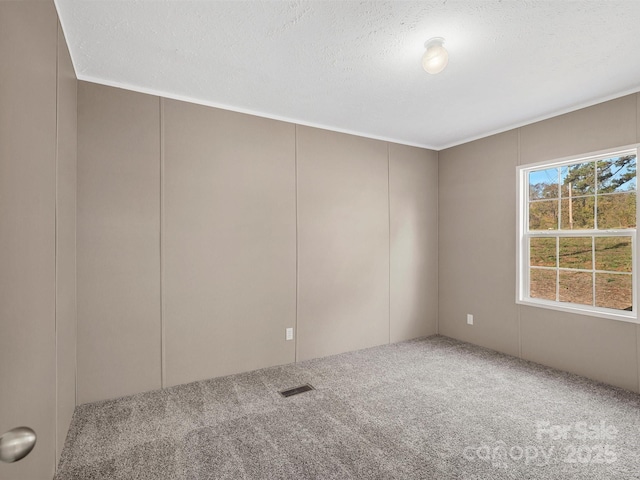 carpeted empty room with visible vents and a textured ceiling