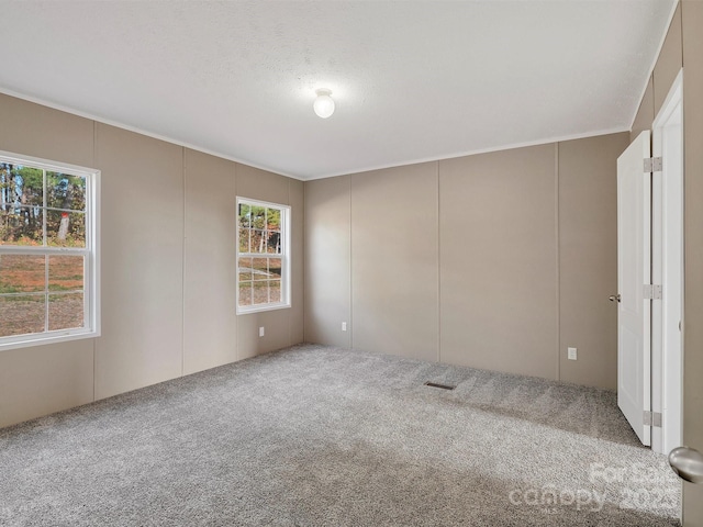 unfurnished room with a decorative wall, carpet, visible vents, and a textured ceiling