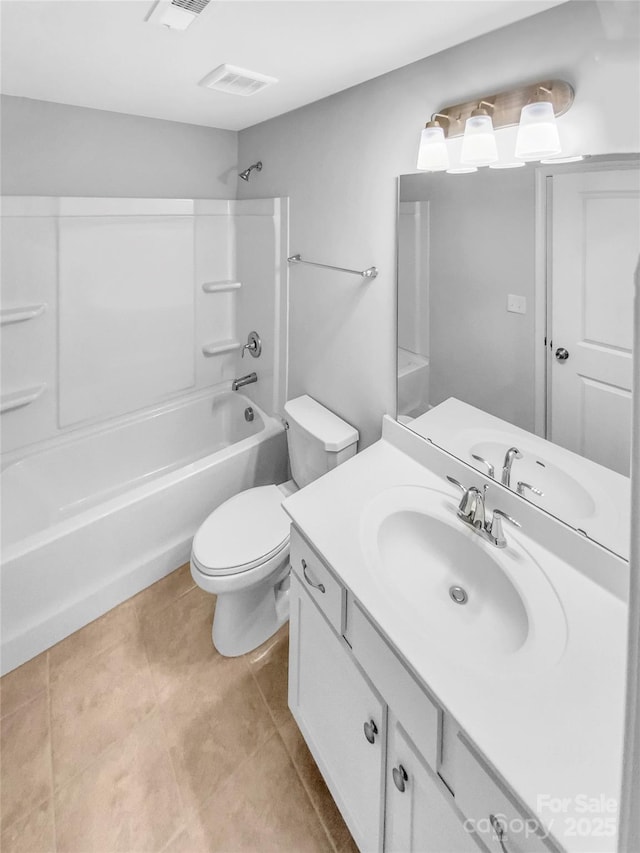 full bathroom featuring tile patterned floors, visible vents, toilet,  shower combination, and vanity