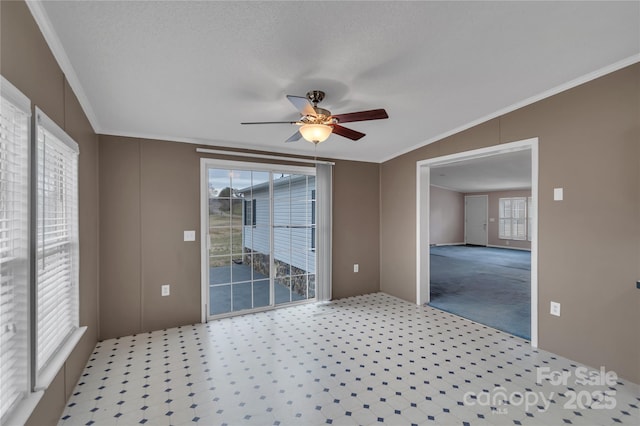 spare room featuring light colored carpet, a textured ceiling, a ceiling fan, and ornamental molding