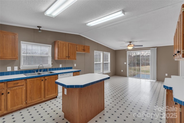 kitchen with lofted ceiling, light floors, white dishwasher, and a sink