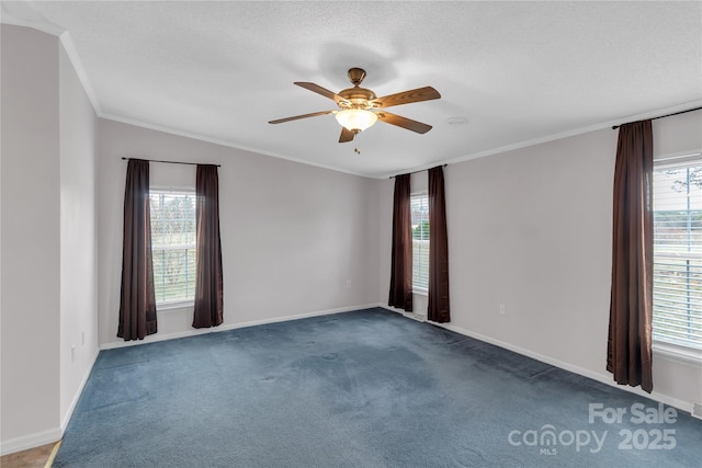 carpeted empty room with plenty of natural light, ceiling fan, and crown molding