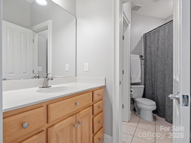 bathroom featuring tile patterned floors, visible vents, toilet, and vanity