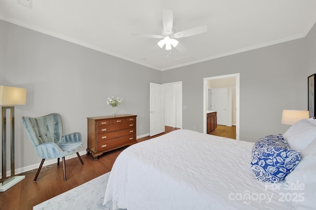 bedroom with baseboards, a ceiling fan, wood finished floors, and crown molding