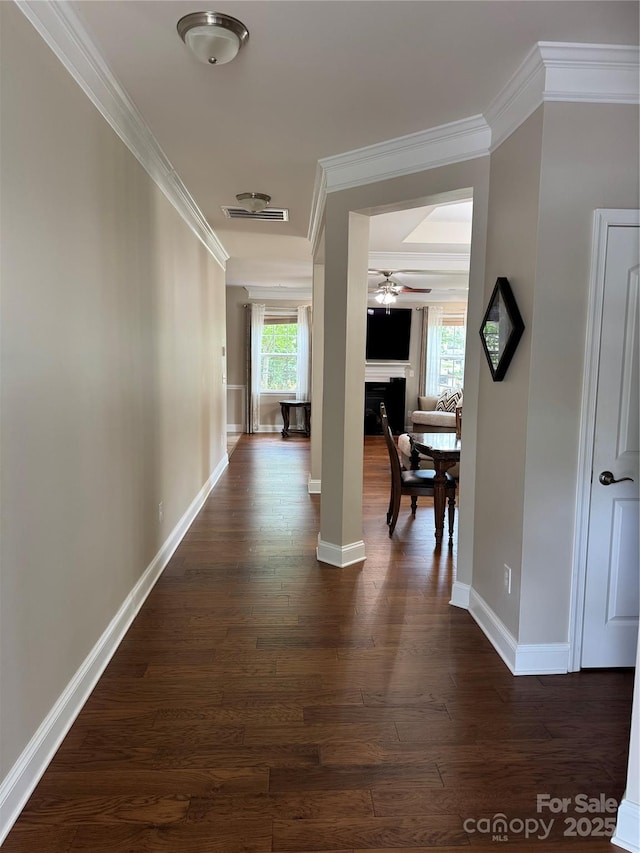3500 Exbury Gardens Dr, Waxhaw, NC 28173 - hall featuring healthy amount of natural light, crown molding, baseboards, and dark wood-style floors