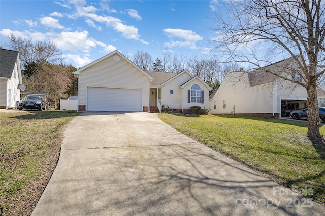 ranch-style home with crawl space, a front yard, concrete driveway, and an attached garage