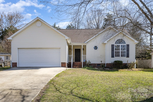 ranch-style home with driveway, roof with shingles, an attached garage, a front lawn, and crawl space