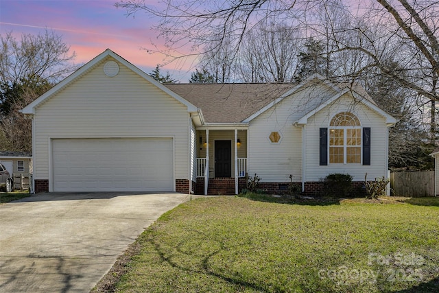 single story home featuring a front yard, fence, driveway, an attached garage, and a shingled roof