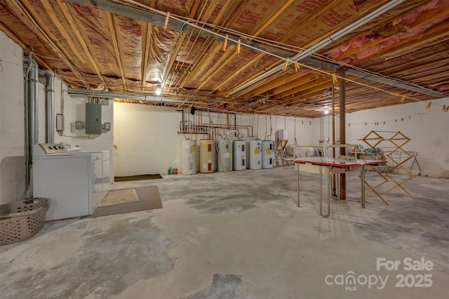 unfinished basement featuring concrete block wall, water heater, and washer and clothes dryer