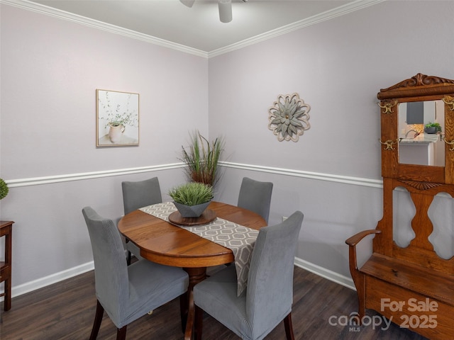 dining area with ceiling fan, baseboards, wood finished floors, and ornamental molding