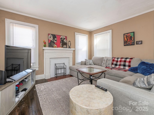 living area featuring dark wood-style floors, a fireplace, baseboards, and ornamental molding