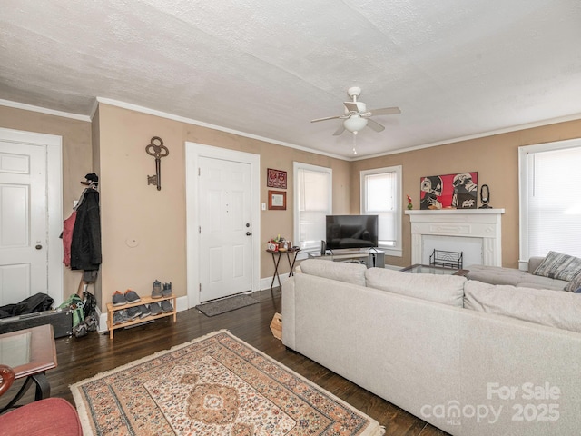 living area featuring a fireplace, a textured ceiling, crown molding, and wood finished floors