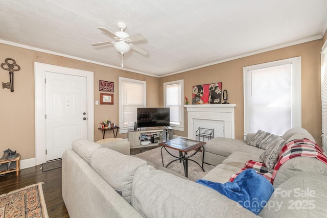 living area with crown molding, ceiling fan, baseboards, a fireplace, and dark wood-style flooring