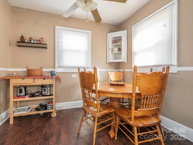 dining space with wood finished floors, a healthy amount of sunlight, and baseboards