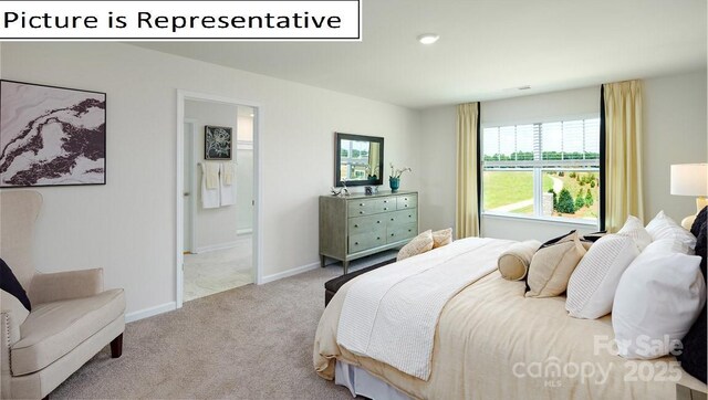 carpeted bedroom featuring multiple windows, baseboards, and connected bathroom