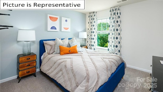 bedroom with visible vents, baseboards, and carpet