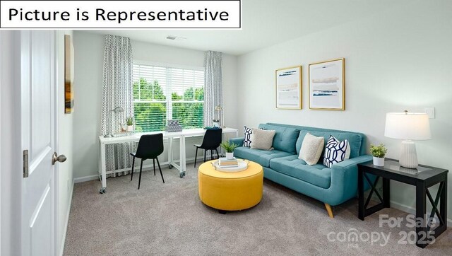 living room featuring carpet flooring, baseboards, and visible vents