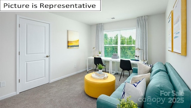 carpeted living room featuring visible vents and baseboards