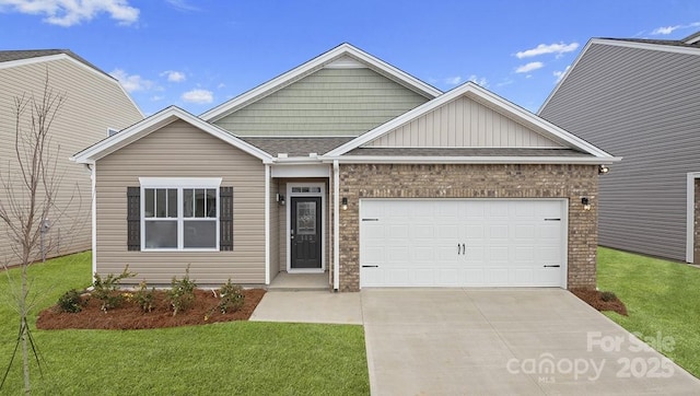 single story home featuring brick siding, a front lawn, roof with shingles, driveway, and an attached garage