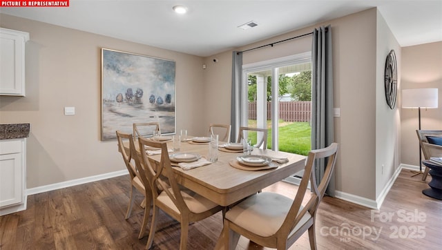 dining space featuring wood finished floors, visible vents, and baseboards