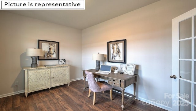 office space with baseboards and dark wood-style flooring