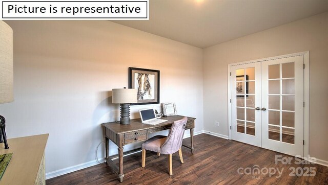 office with french doors, baseboards, and wood finished floors