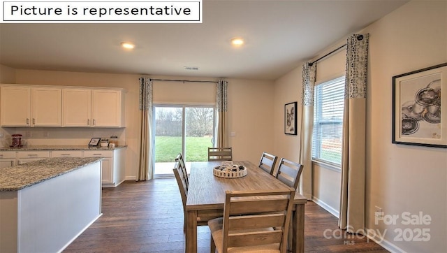 dining area featuring recessed lighting, visible vents, baseboards, and dark wood-type flooring