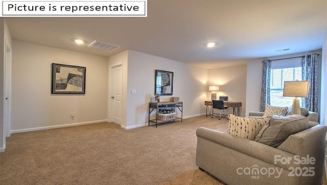 living area featuring recessed lighting, carpet flooring, baseboards, and visible vents