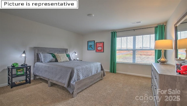 bedroom with light carpet, visible vents, and baseboards