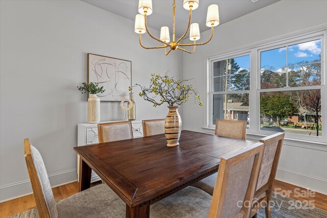 dining area featuring baseboards, wood finished floors, and a chandelier