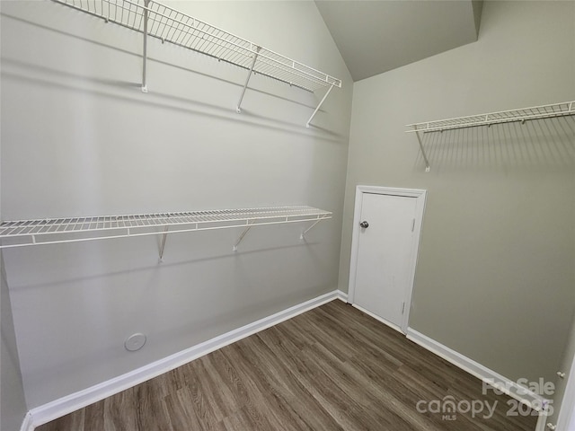 spacious closet featuring dark wood-type flooring and vaulted ceiling